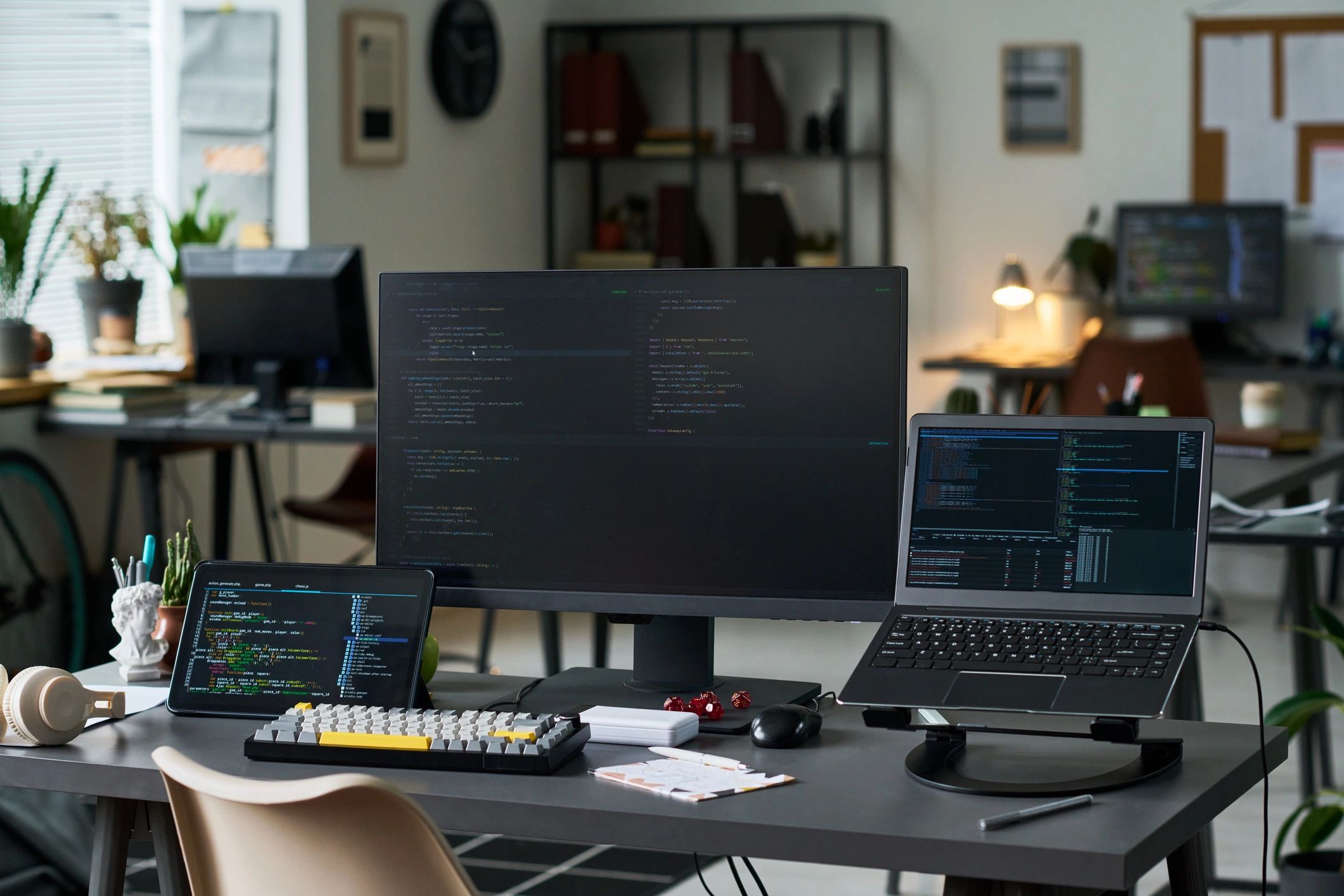 Developer workstation with code on screens representing technical data handling